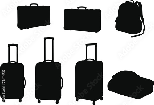Travel bags, luggage silhouettes, briefcase icons, backpack shape, rolling suitcase, duffel bag, tourism gear, black vector, isolated set, vacation essentials
