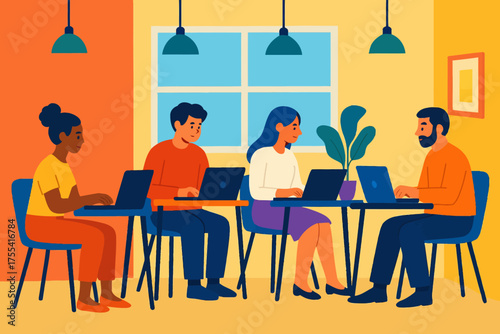 cartoon woman in the office doing laptop work