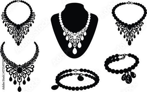 Elegant jewelry silhouette set with ornate necklaces, beaded bracelets, teardrop pendants and filigree patterns for fashion accessory vector design.