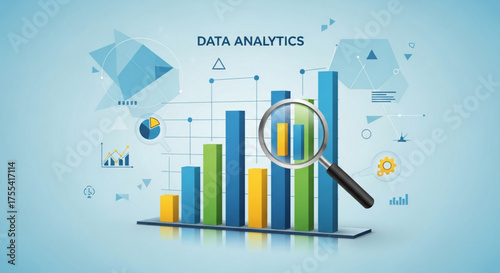 Data analytics concept with bar graph, magnifying glass, and geometric shapes, illustrating business analysis and insights on blue background