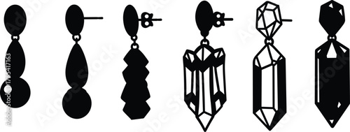 Faceted earring silhouette set featuring geometric, teardrop, crystal and polygon shapes for fashion jewelry vector accessory illustration design.