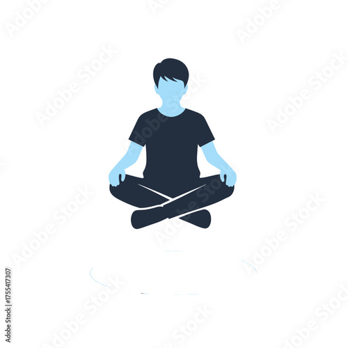 Person in Lotus Position Silhouette Dark Blue Shirt in Meditation Against White Background Illustration