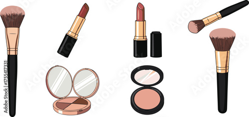 Makeup product vector set with brushes, lipsticks and blush compacts for elegant cosmetic beauty illustration and design content.