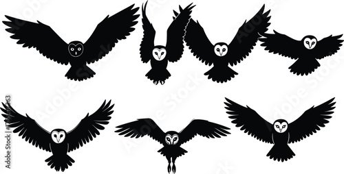 Flying owl silhouettes, barn owl icons, wing posture variations, black owl graphics, nocturnal bird, vector flight poses, isolated design, wildlife art