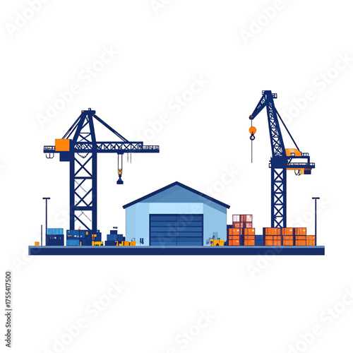 Pixel Art Depiction of a Harbor with Two Cranes a Light Blue Warehouse and Orange Stacks of Shipping Containers on a White Background