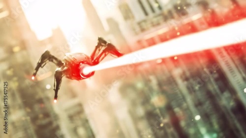 Cyber Drone Sentinel, Futuristic Surveillance Machine in the City Skies. Video Generative AI.