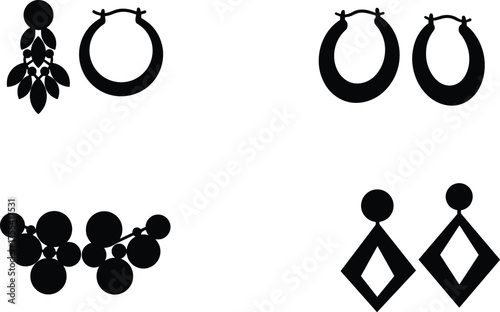 Set of four elegant earring vector illustrations with geometric, floral, hoop and dangling jewelry designs, decorative fashion accessory silhouette art