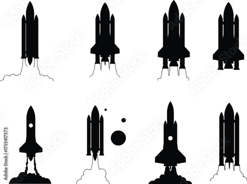 Rocket launch silhouettes, space exploration, black icons, flame trail, boosters, liftoff, spacecraft, vector illustration, isolated, celestial, planets, orbit, ignition, propulsion, astronautics, 