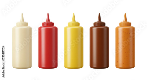 Five colorful squeeze bottles of condiments isolated on transparent png