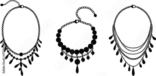 Stylized necklace silhouette set with layered chains, beads, leaf and teardrop pendants for fashion accessory vector design illustration.