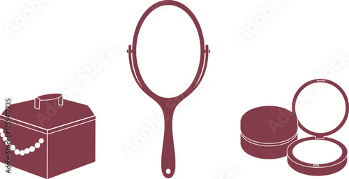 Vector illustration of jewelry box with pearls, handheld mirror and cosmetic compact makeup case, elegant beauty accessory decorative silhouette art