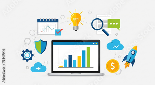 Illustration of a laptop displaying a bar graph surrounded by business icons, represents data analysis, business strategy, and technological solutions