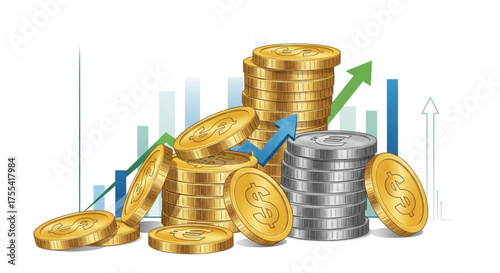 Illustration of stacks of gold and silver coins with an upwardtrending graph in the background, symbolizes financial growth and investment success