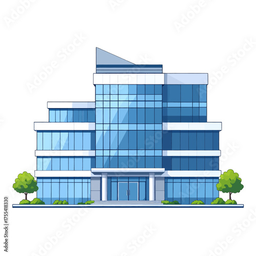 Modern Pixel Art Office Building with Blue Glass Facade and Landscaping Under Bright Lighting Style and White Background