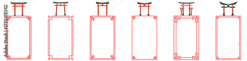 Asian frame with Japanese torii shrine gate vector. Ideal for travel, shinto tradition, and oriental design themes. This graphic combines an elegant border with a symbolic Japanese landmark.