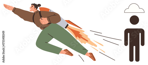 Person launching into the air with a jetpack, leaving behind a cloud figure. Ideal for innovation, ambition, progress, self-empowerment, new beginnings, career growth motivation. Simple flat