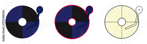 Set of three vintage record player icons with graphic vinyl discs in blue black and yellow colors representing retro music and audio playback technology