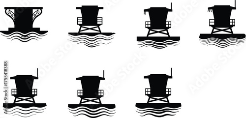 Lifeguard tower silhouettes, beach rescue icons, coastal safety structures, ocean watch cabins, black vector illustrations, minimalist design, water wave elements