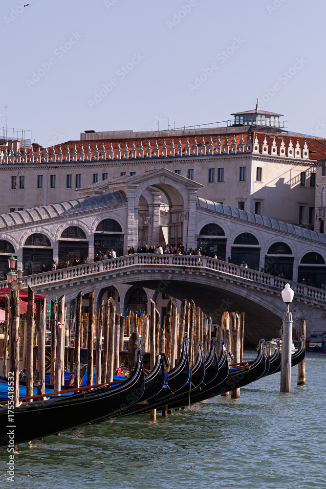 Fototapeta premium A line of traditional black gondolas moored to wooden poles on the Grand Canal, with the elegant stone arch of the historic Rialto Bridge visible in the sunny background.