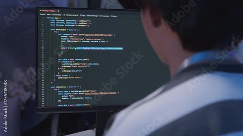 One young male Asian IT freelancer programmer and tech engineer working with computer keyboard, typing software codes for application development and website network system information data in room.