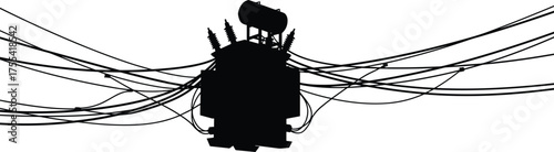 Black silhouette of electric power transformer with multiple connected wires, detailed vector illustration of high voltage distribution system for industrial energy infrastructure design