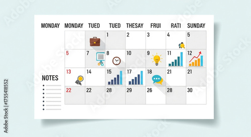 Business calendar illustration with icons for meetings, deadlines, tasks, and achievements time management and scheduling concept