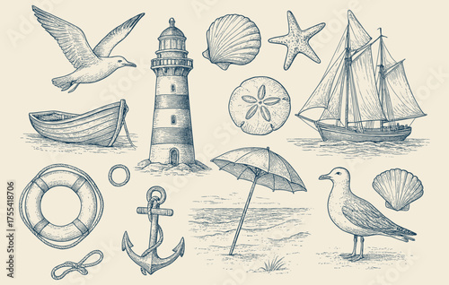 Engraved nautical elements featuring sailing vessel anchor lighthouse and seagull on beach in etching drawing style evokes a coastal vacation theme for travel artwork design