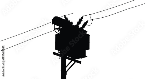 Black silhouette of electric transformer mounted on utility pole with overhead power lines, vector illustration of industrial electricity distribution system and energy infrastructure design