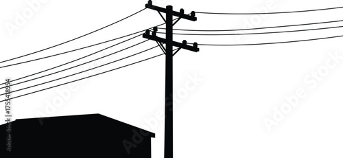Black silhouette of electric utility pole with house and power lines, vector illustration showing rural energy distribution and electricity connection infrastructure