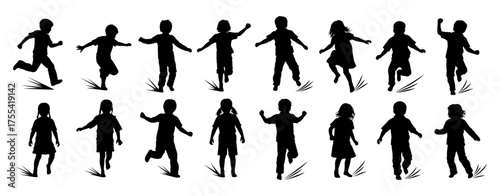 Vector art of silhouette of children running and playing, a joyful and energetic scene of childhood innocence