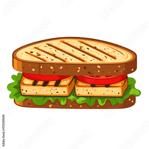 Grilled Tofu Sandwich with Tomatoes and Lettuce on Toasted Bread Pixel Art Isolated on White Background