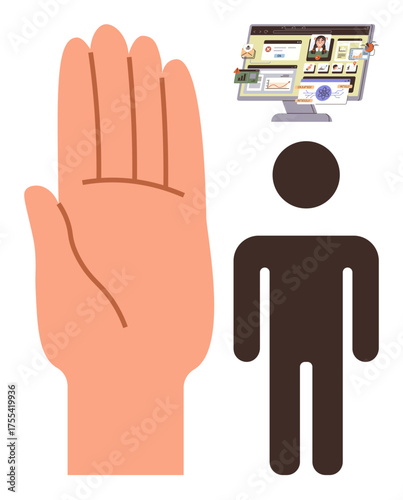 Raised palm for stop gesture beside human figure with computer showing digital activities. Ideal for privacy, consent, cybersecurity, online interaction, access control, user safety, and protection