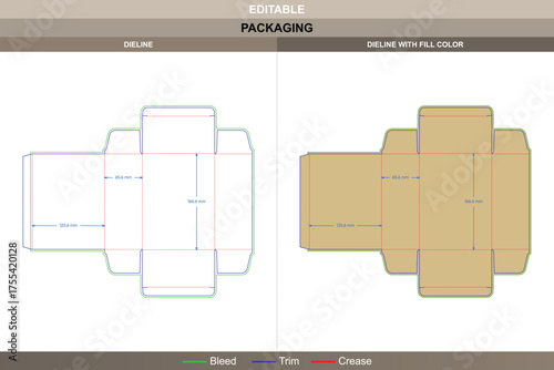 Tuck end box dieline vector printing packaging mockup featuring back open double tray structure with accurate die line preparation ideal for retail box production