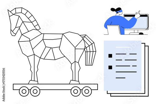 Geometric Trojan horse on wheels beside person working on computer and document visualization. Ideal for cybersecurity, hacking risks, digital threats, online crime, malware, IT security, cyber