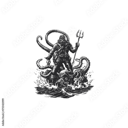illustration depicting an deep sea diver, wearing a classic diving helmet and suit, standing defiantly on a rock and wielding a trident while battling giant octopus tentacles rising from the water