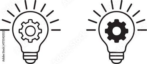 Two light bulb icons with gears inside, representing ideas and innovation, isolated on white background.