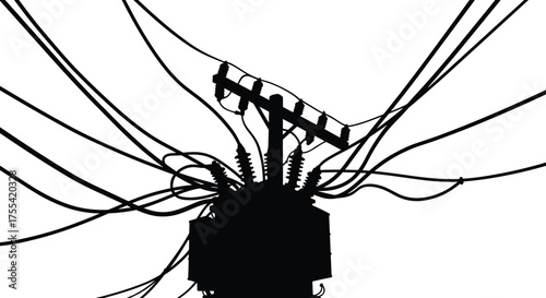 Black silhouette of high voltage electric transformer and power pole with connected cables, detailed industrial energy distribution network vector illustration, isolated background design