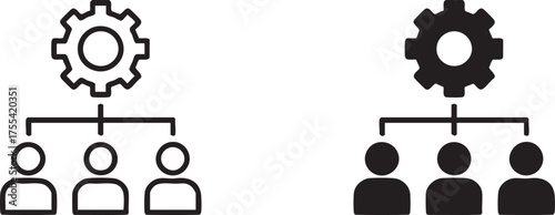 Two icons representing organizational structure and teamwork, one outlined and one filled, isolated on white background.