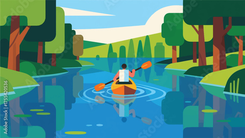 Illustration Of Person Kayaking On A Calm River, Surrounded By Trees And Reflections On The Water Vector Design Template