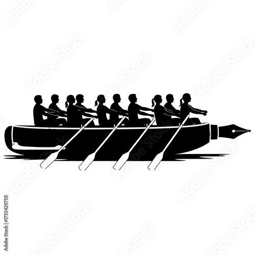 Eight Silhouette People Rowing in Pen Shaped Boat Against White Background
