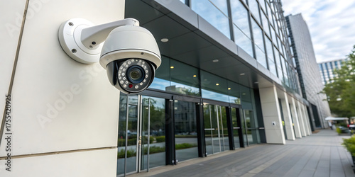 Security camera mounted on the wall of a modern office building, providing surveillance