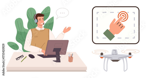 Professional at desk with headset gestures toward touchscreen showing finger tap, emphasizing quadcopter control. Ideal for technology, innovation, remote work, customer service, Quadcopter use