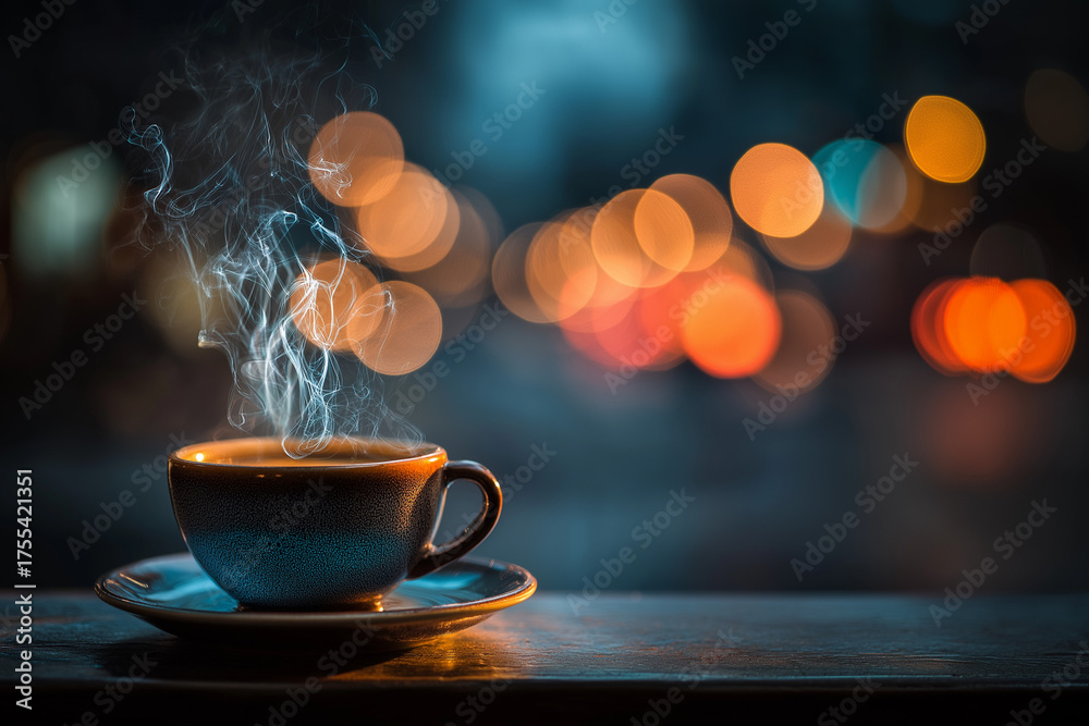 Obraz premium Selective focus on steaming coffee cup with blurred background lights