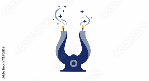 Decorative candlestick with two lit candles and swirling smoke  