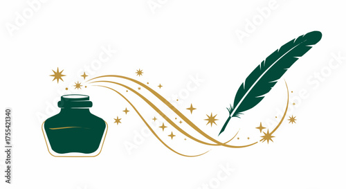 Ink bottle and feather with golden swirls and stars design  