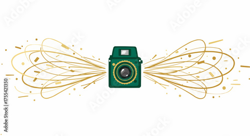 Vintage camera with golden burst design on white background  