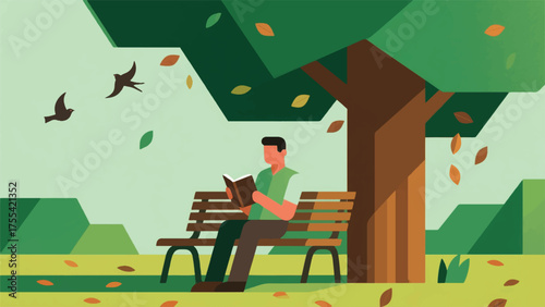 Illustration Of Person Reading A Book On A Park Bench Under A Large, Shady Tree, With Fallen Leaves And Birds Vector Design Template