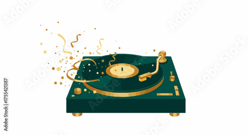 Retro turntable with golden confetti and musical notes  