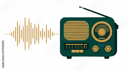Vintage radio with sound wave graphic design in green and gold  