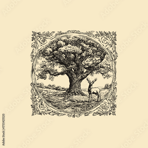 illustration depicting a majestic stag or deer standing peacefully beneath a massive, ancient oak tree